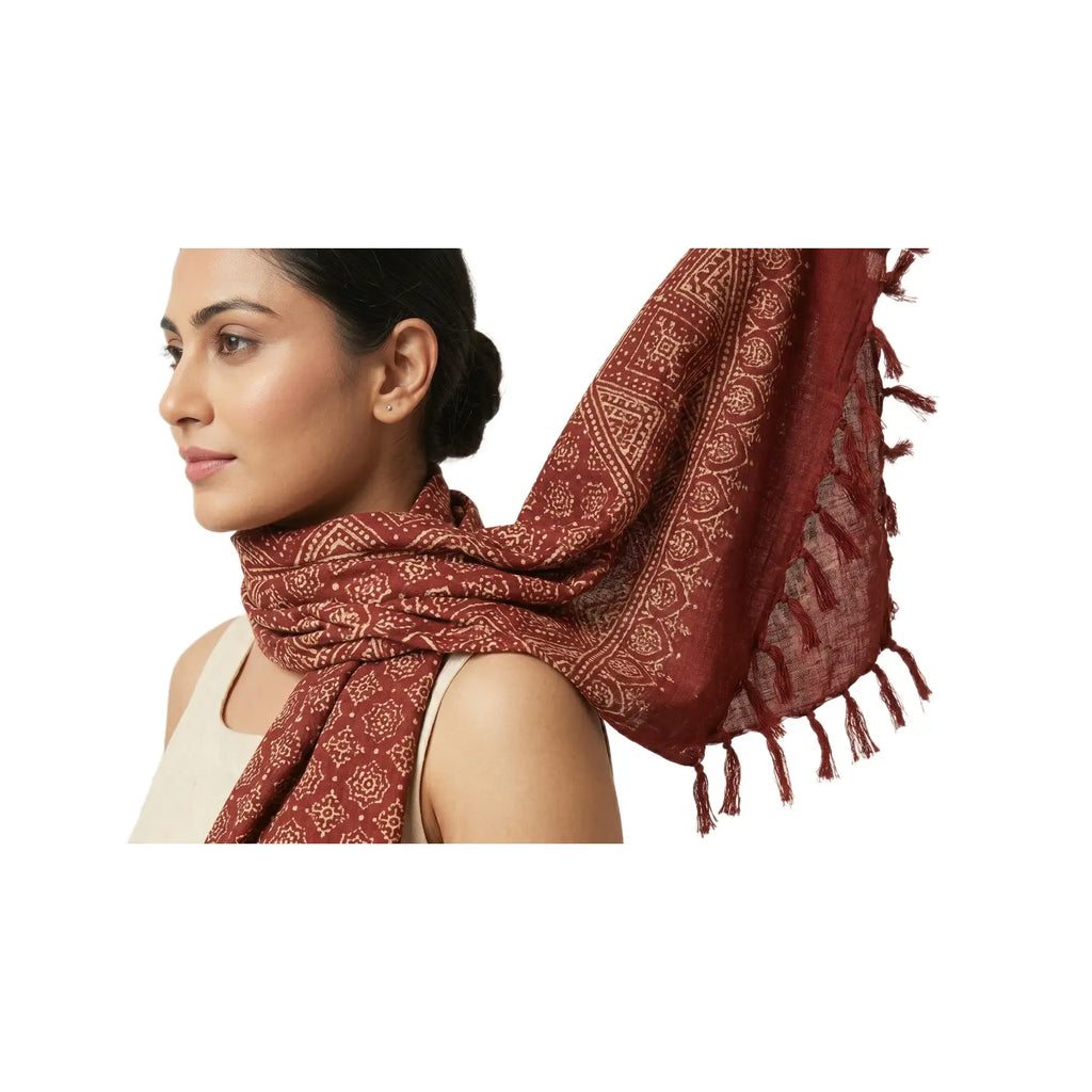 Ajrakh Printed Cotton Stole for Women | Maroon Ethnic Scarf with Tassels | 55x210 cm | Traditional Indian Dupatta