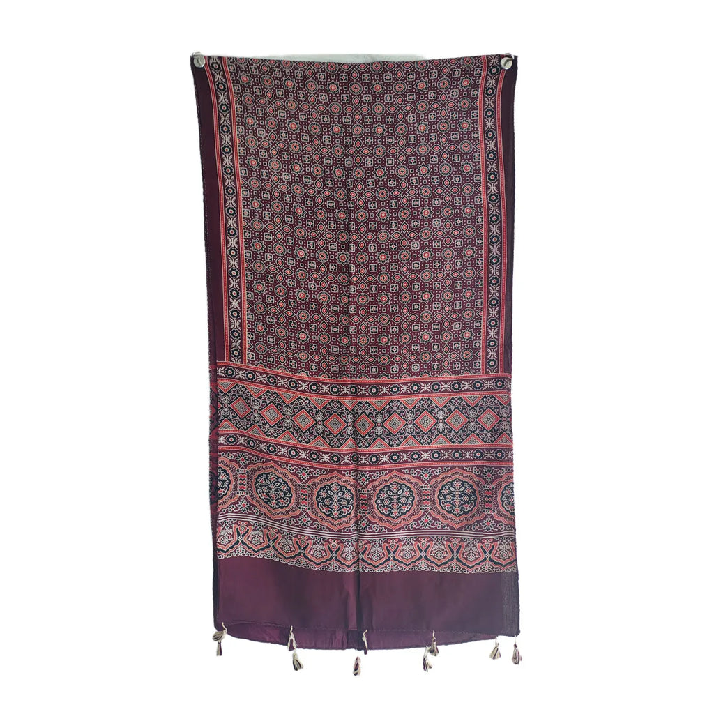 Maroon Ajrakh printed cotton stole ISAK16-11B draped — traditional Kutch ethnic scarf 55x210 cm — Indiascarves