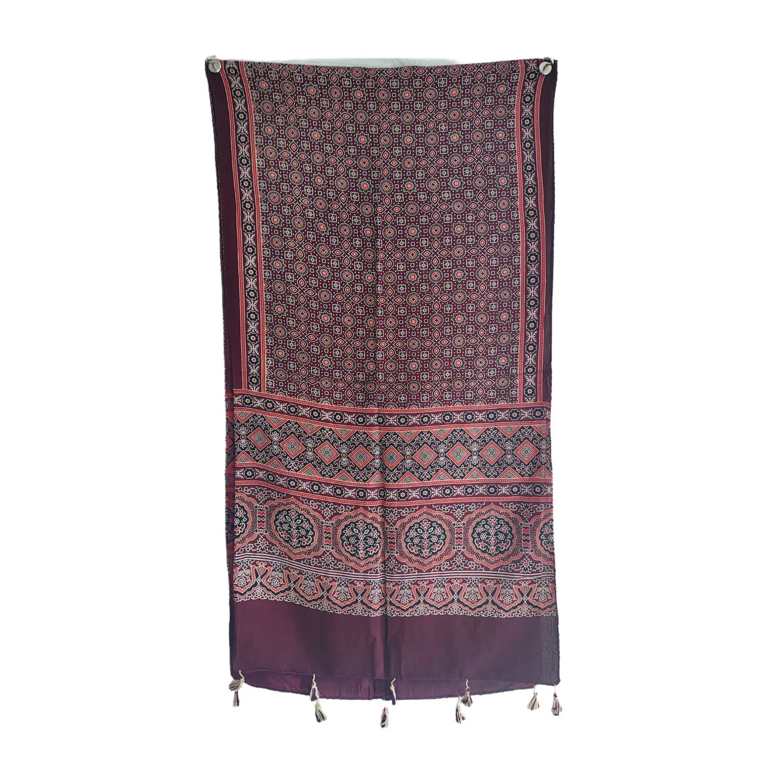 Maroon Ajrakh printed cotton stole ISAK16-11B draped — traditional Kutch ethnic scarf 55x210 cm — Indiascarves