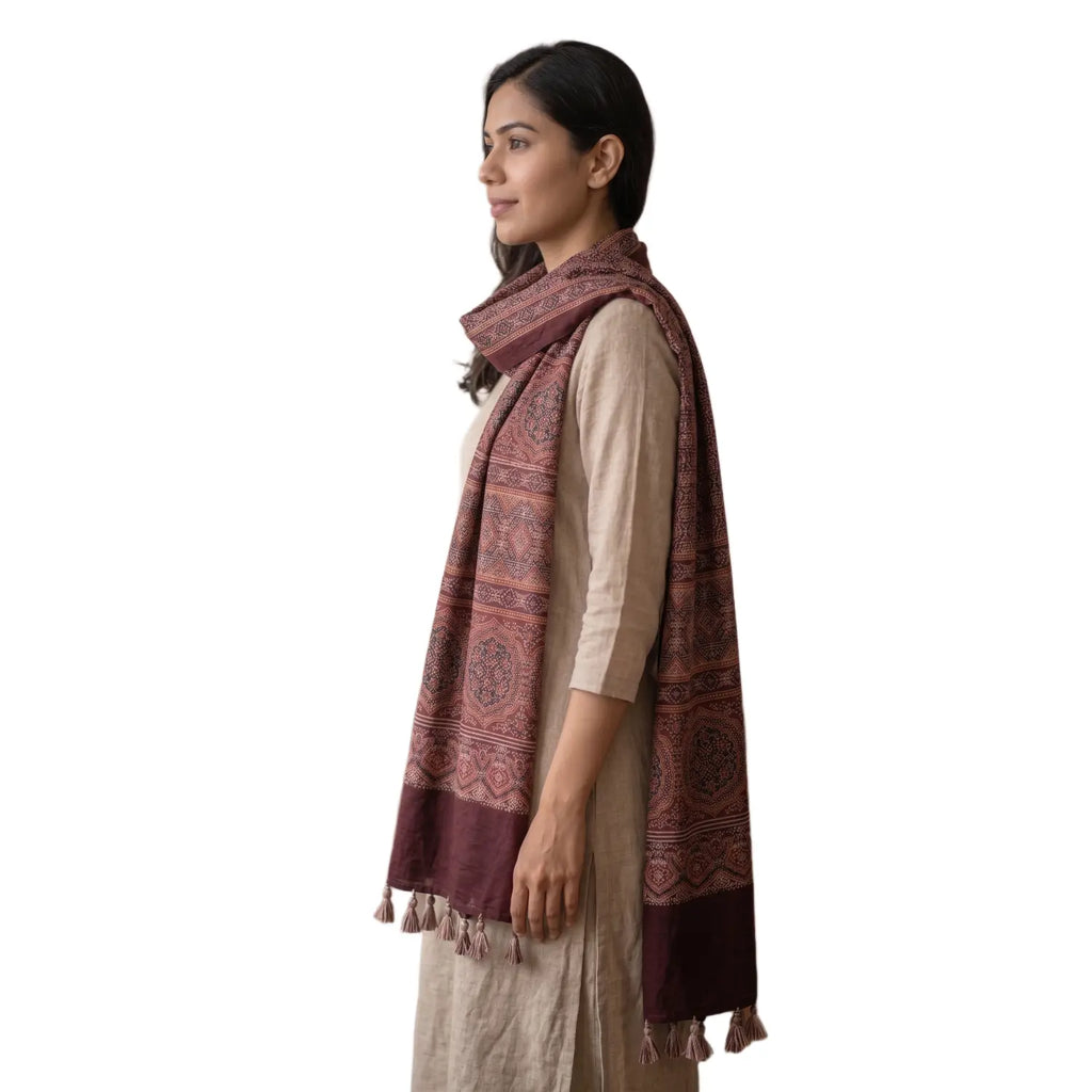 Maroon Ajrakh cotton stole ISAK16-11B — close-up of intricate block print medallion patterns — Indiascarves