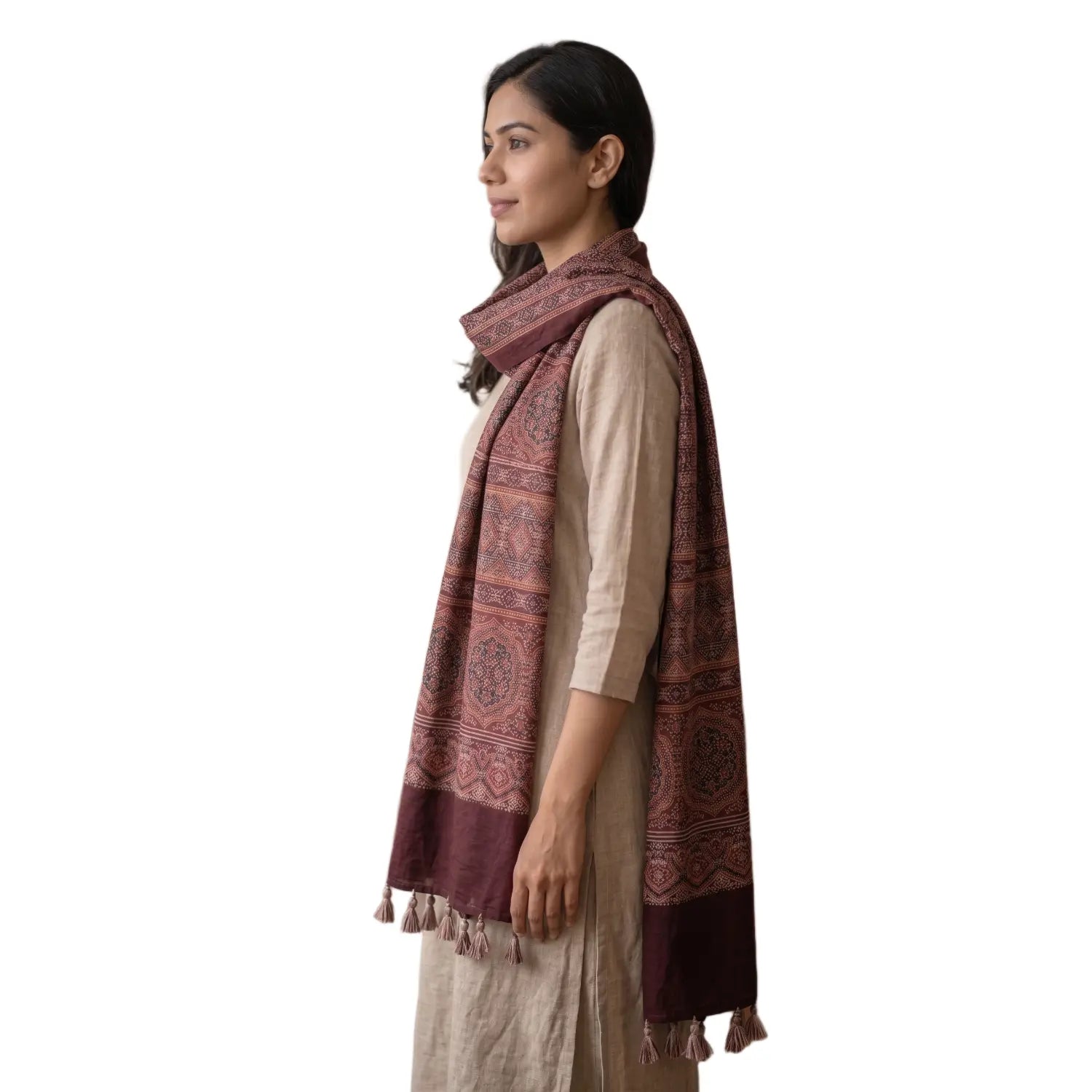 Maroon Ajrakh cotton stole ISAK16-11B — close-up of intricate block print medallion patterns — Indiascarves