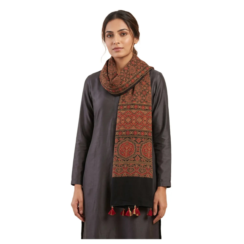Black Ajrakh printed cotton stole ISAK16-11C — bold black with red gold geometric motifs and tassels — Indiascarves