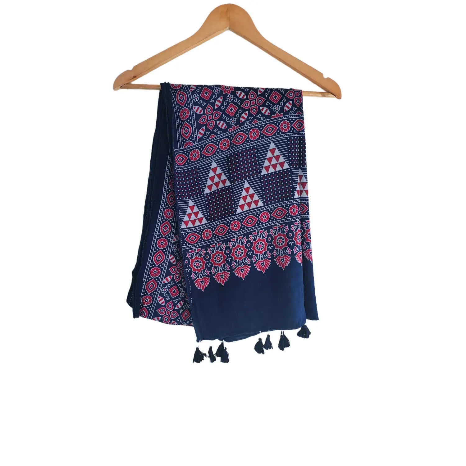 Navy blue Ajrakh cotton stole ISAK16-12A — close-up of triangular and paisley block print motifs — Indiascarves