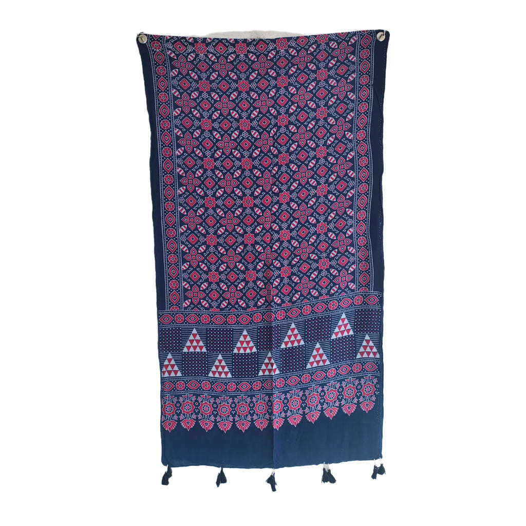 Navy blue Ajrakh printed cotton stole ISAK16-12A draped — indigo base with traditional Kutch patterns — Indiascarves