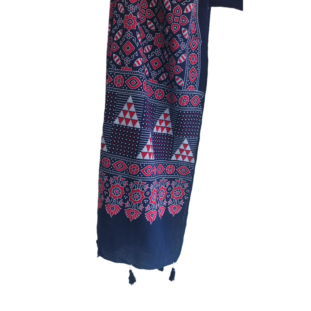 Navy blue Ajrakh cotton stole ISAK16-12A — flat lay showing full 55x210 cm size with tassels — Indiascarves