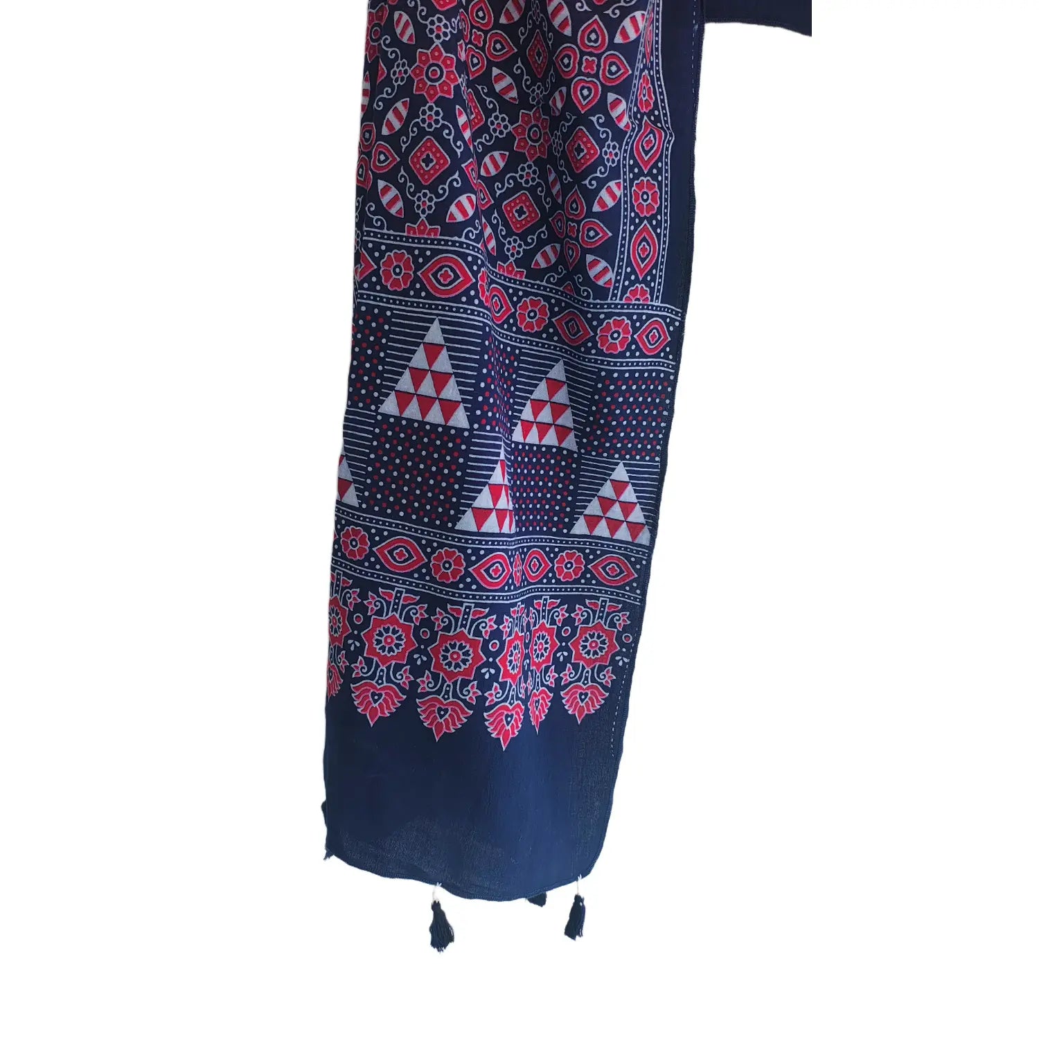 Navy blue Ajrakh cotton stole ISAK16-12A — flat lay showing full 55x210 cm size with tassels — Indiascarves