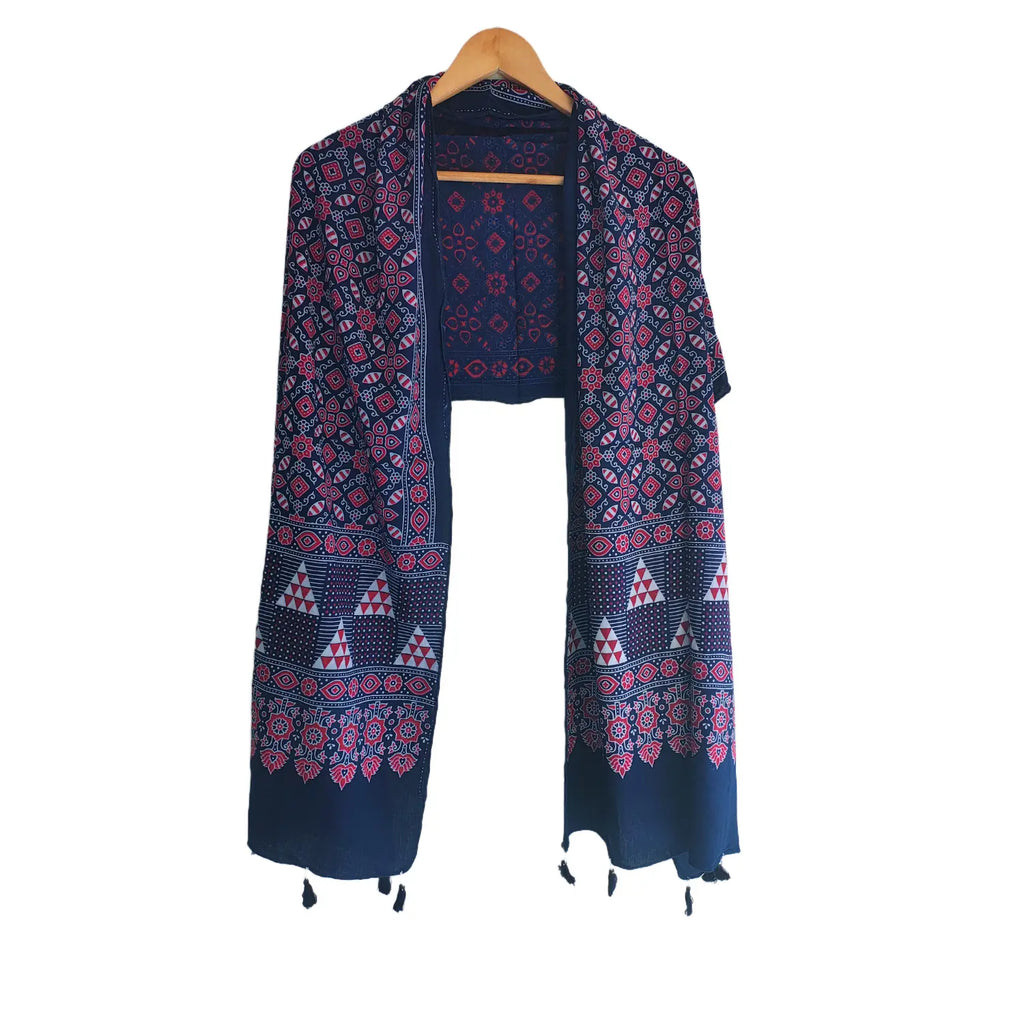 Ajrakh Printed Cotton Stole for Women | Navy Blue Ethnic Scarf with Tassels | 55x210 cm | Traditional Indian Dupatta