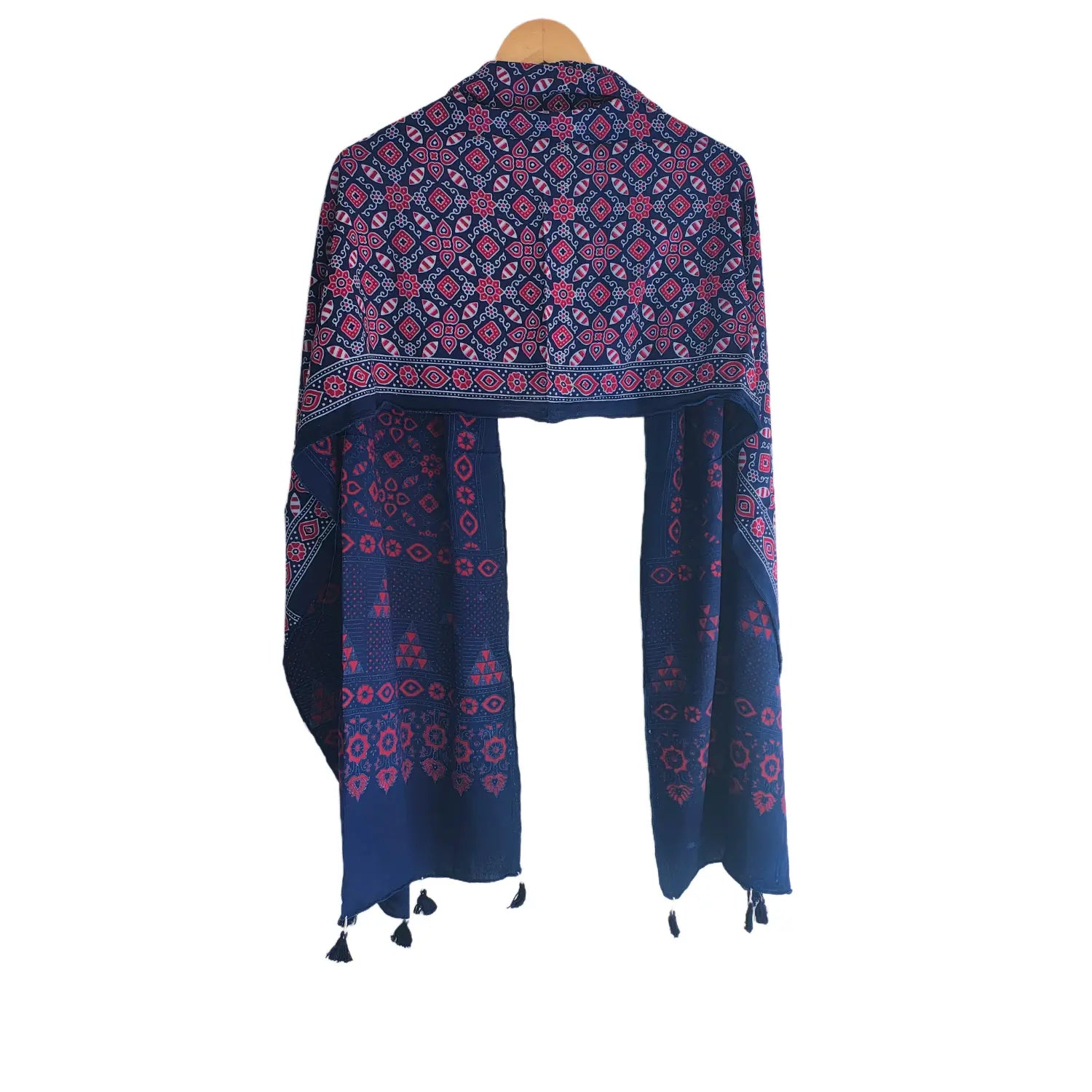 Ajrakh Printed Cotton Stole for Women | Navy Blue Ethnic Scarf with Tassels | 55x210 cm | Traditional Indian Dupatta