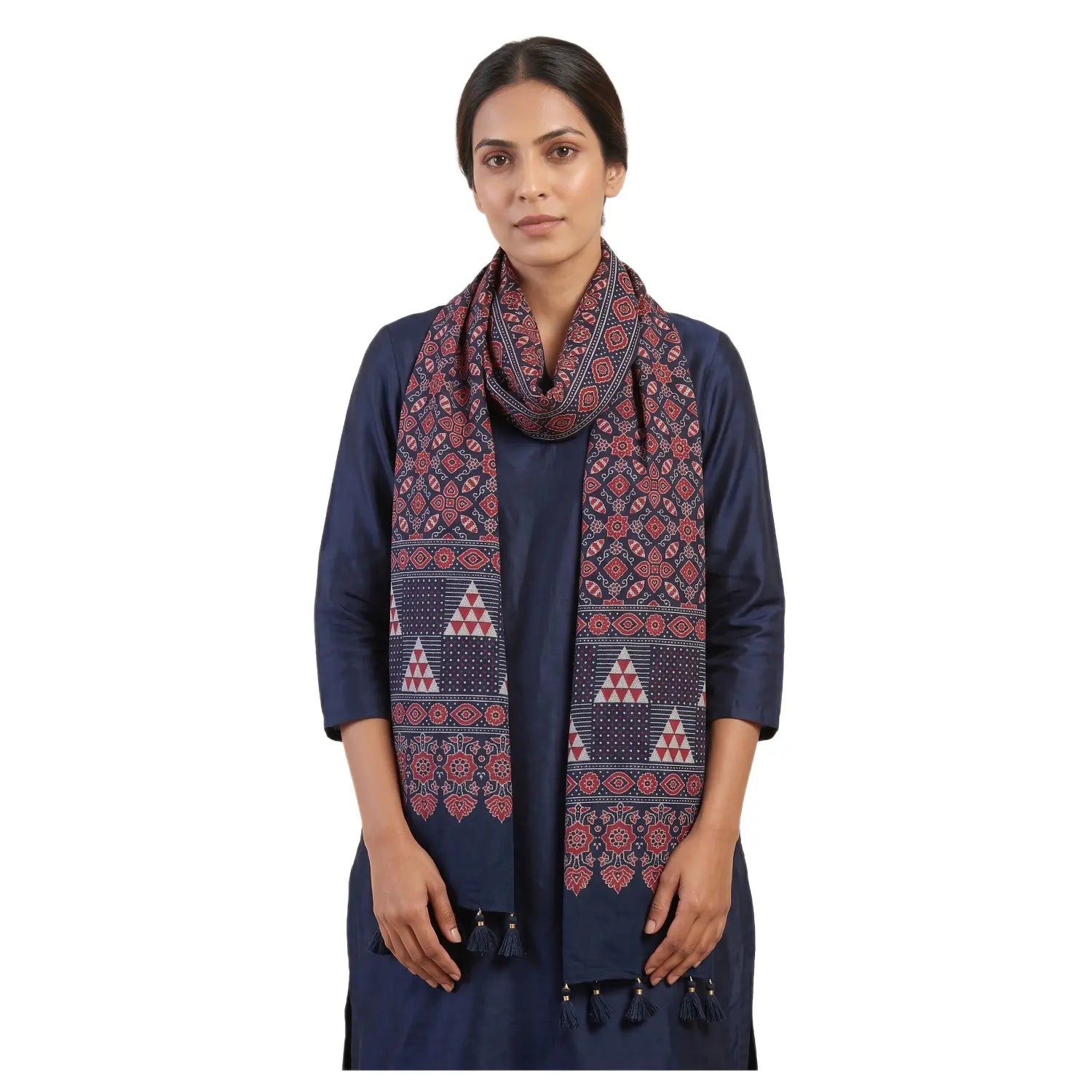 Navy blue Ajrakh printed cotton stole ISAK16-12A — deep indigo with red cream geometric motifs and tassels — Indiascarves
