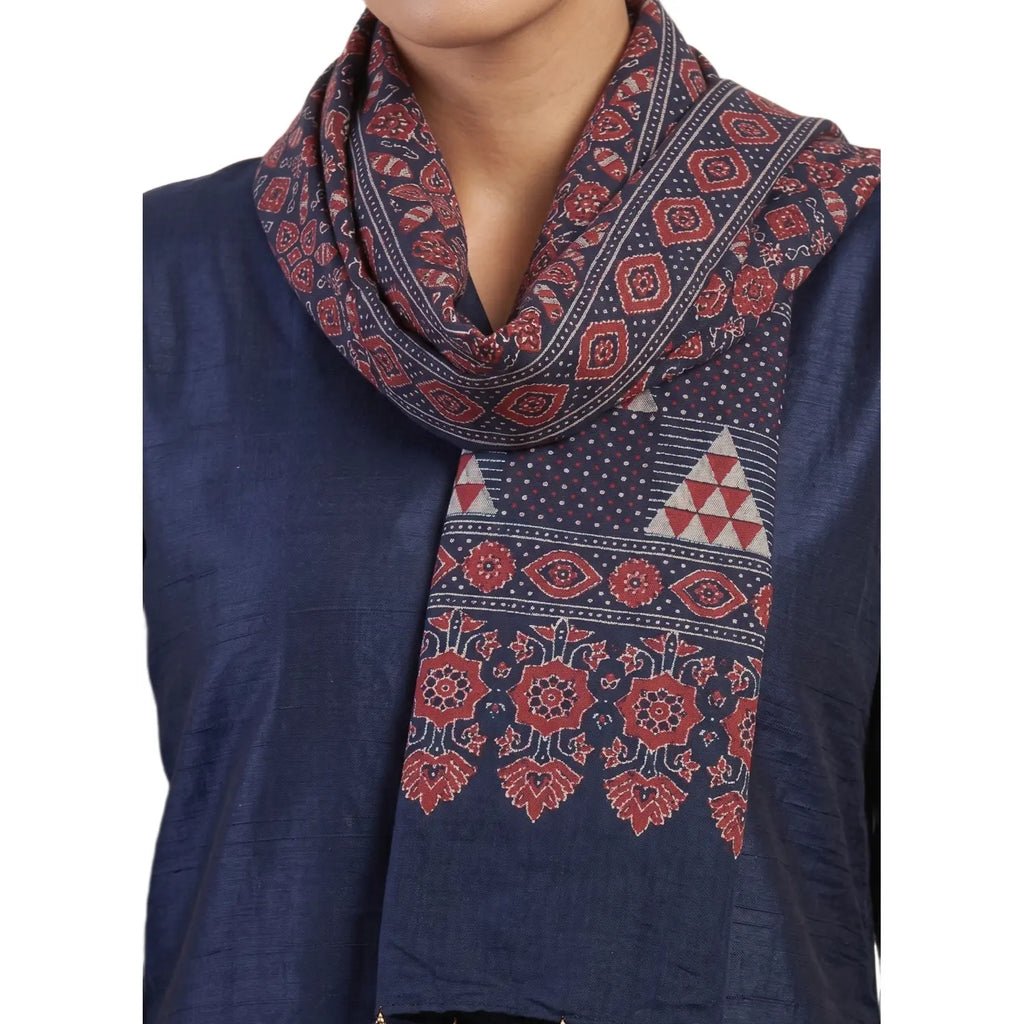 Navy blue Ajrakh cotton stole ISAK16-12A worn by model — Kutch hand block print ethnic scarf — Indiascarves