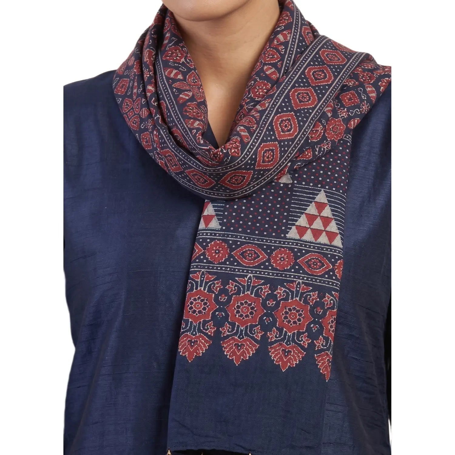 Navy blue Ajrakh cotton stole ISAK16-12A worn by model — Kutch hand block print ethnic scarf — Indiascarves