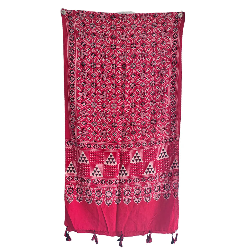 Red Ajrakh printed cotton stole ISAK16-12C — 55x210 cm traditional Indian dupatta with tassels — Indiascarves