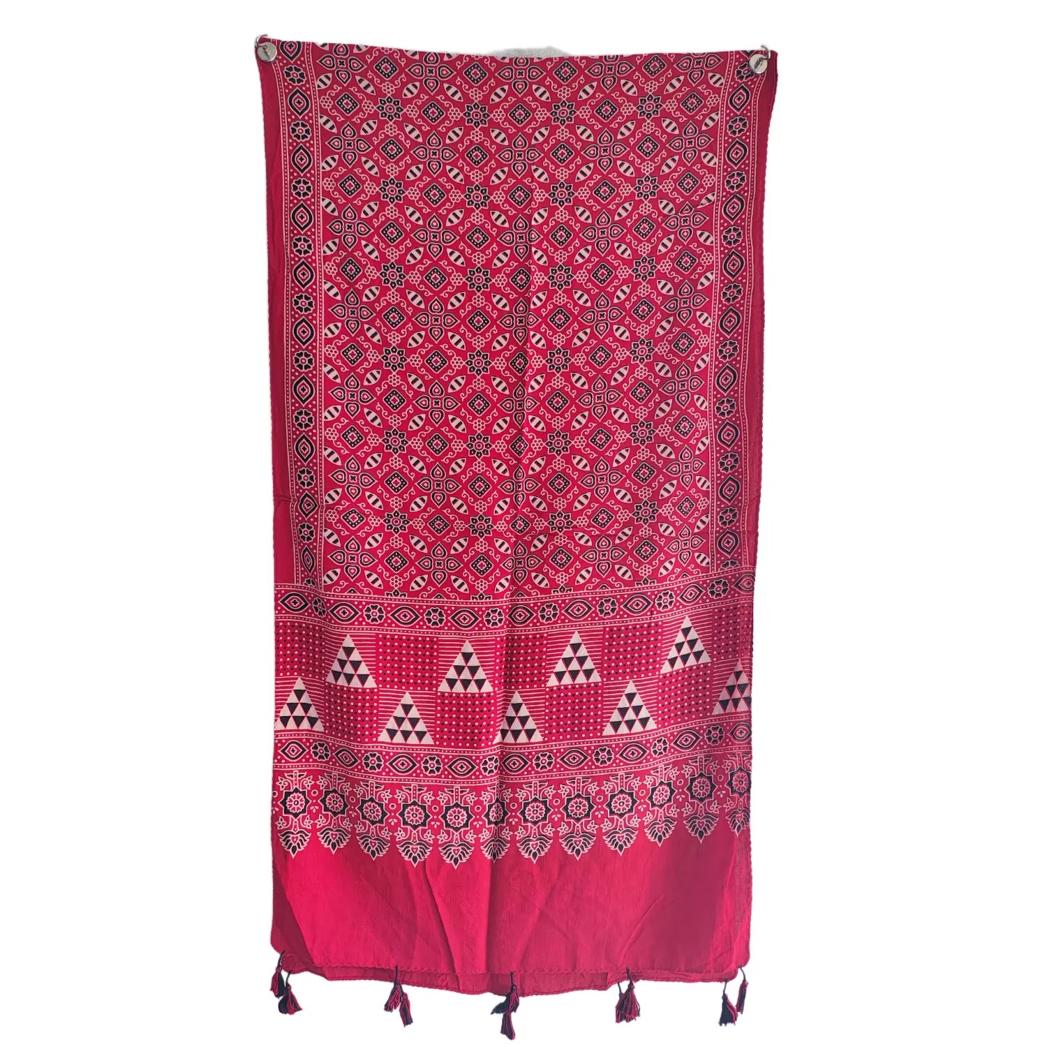 Red Ajrakh printed cotton stole ISAK16-12C — 55x210 cm traditional Indian dupatta with tassels — Indiascarves
