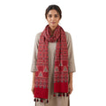 Red Ajrakh printed cotton stole ISAK16-12C — bold red with navy blue cream geometric motifs and tassels — Indiascarves