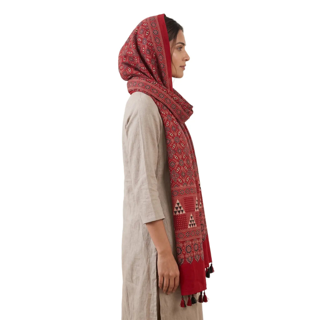 Red Ajrakh cotton stole ISAK16-12C worn by model — Kutch hand block print ethnic scarf — Indiascarves