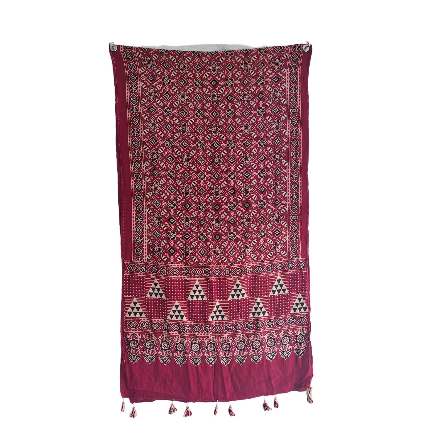Red Ajrakh cotton stole ISAK16-12D — close-up of geometric Ajrakh block print patterns — Indiascarves