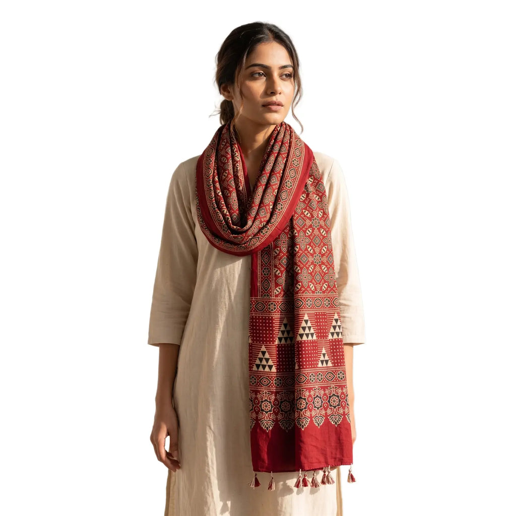 Red Ajrakh printed cotton stole ISAK16-12D — striking red with navy cream geometric motifs and tassels — Indiascarves