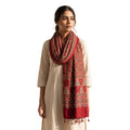 Red Ajrakh printed cotton stole ISAK16-12D — striking red with navy cream geometric motifs and tassels — Indiascarves