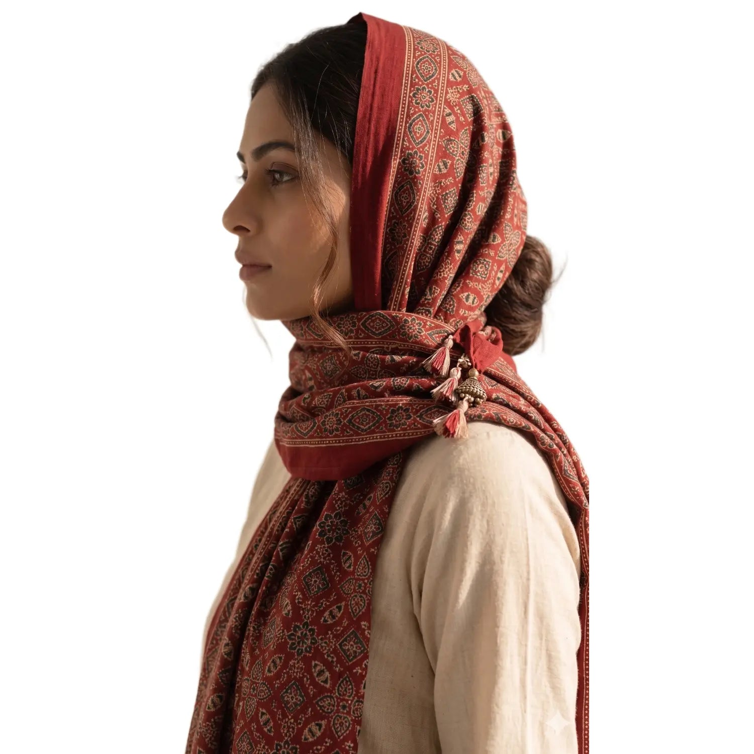Red Ajrakh printed cotton stole ISAK16-12D — 55x210 cm traditional dupatta with tassel fringe — Indiascarves