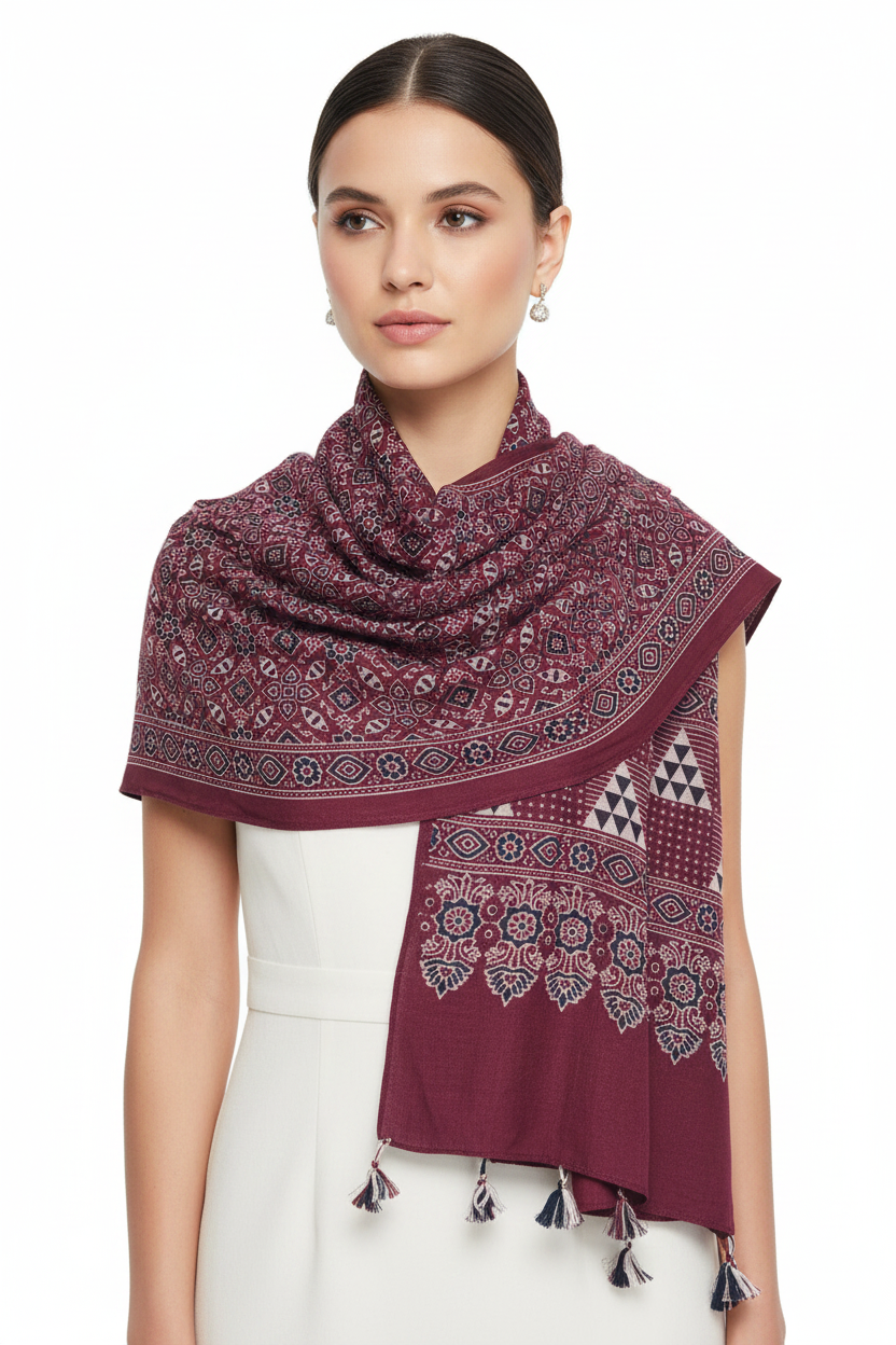 Maroon Ajrakh printed cotton stole ISAK16-12E — rich maroon with cream navy blue geometric motifs and tassels — Indiascarves