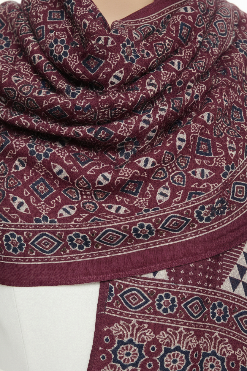 Maroon Ajrakh printed cotton stole ISAK16-12E — 55x210 cm traditional Indian dupatta with tassels — Indiascarves