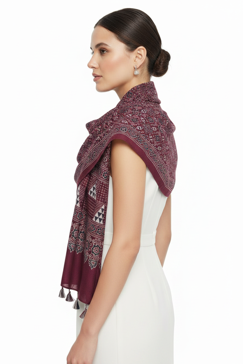 Maroon Ajrakh cotton stole ISAK16-12E worn by model — Kutch hand block print ethnic scarf — Indiascarves