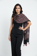 Black Ajrakh printed cotton stole ISAK16-12F — bold black with red maroon geometric motifs and tassels — Indiascarves