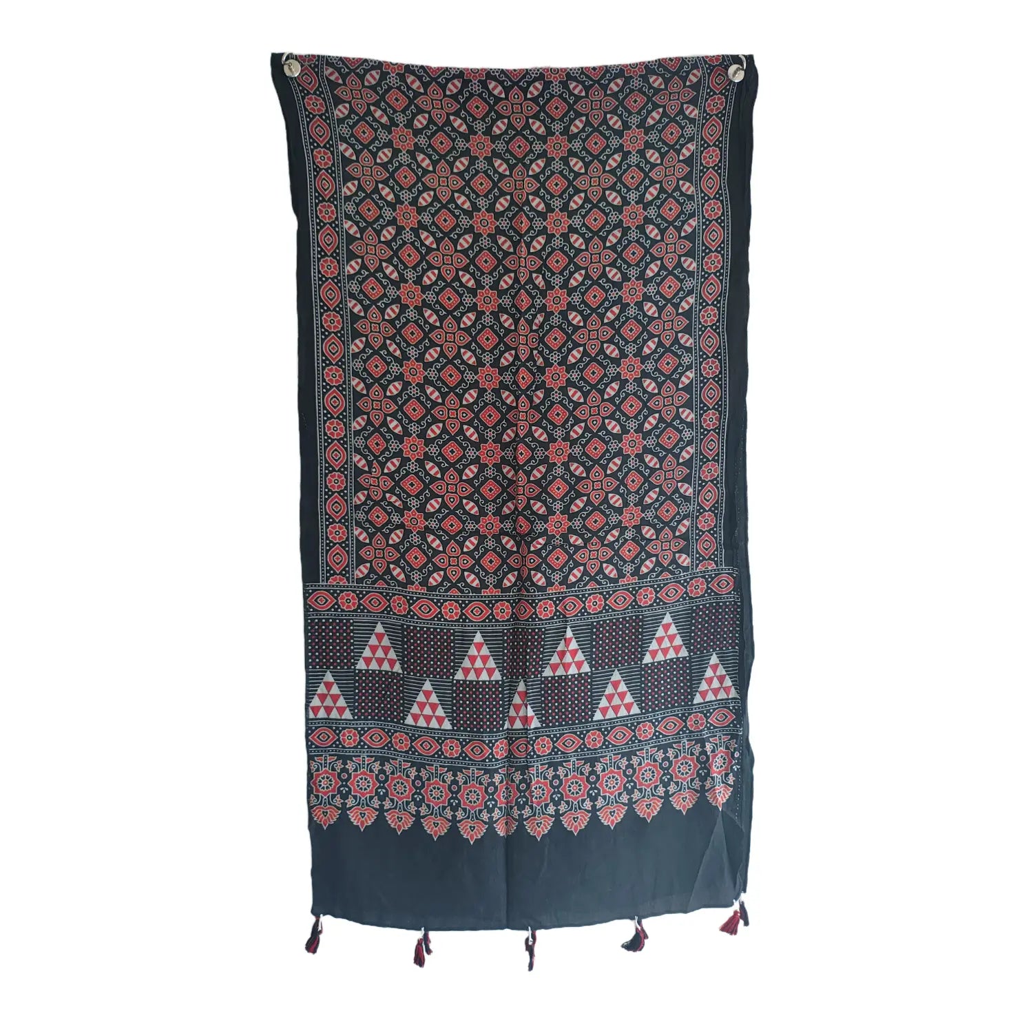 Black Ajrakh cotton stole ISAK16-12F — close-up of multicolour block print patterns on black — Indiascarves