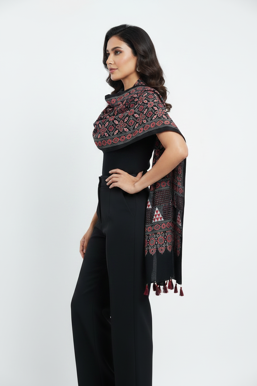 Black Ajrakh cotton stole ISAK16-12F worn by model — Kutch hand block print ethnic scarf — Indiascarves