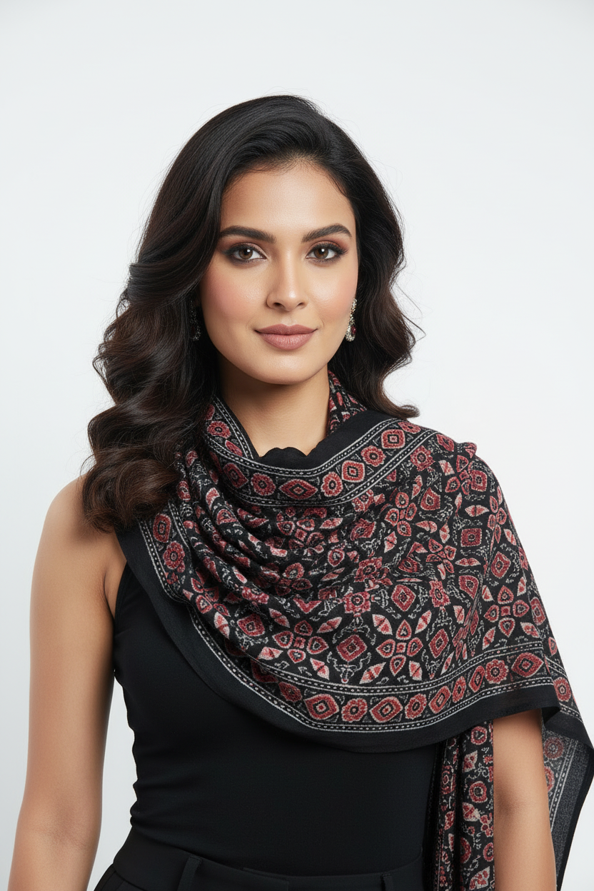 Black Ajrakh printed cotton stole ISAK16-12F — 55x210 cm traditional Indian dupatta with tassels — Indiascarves
