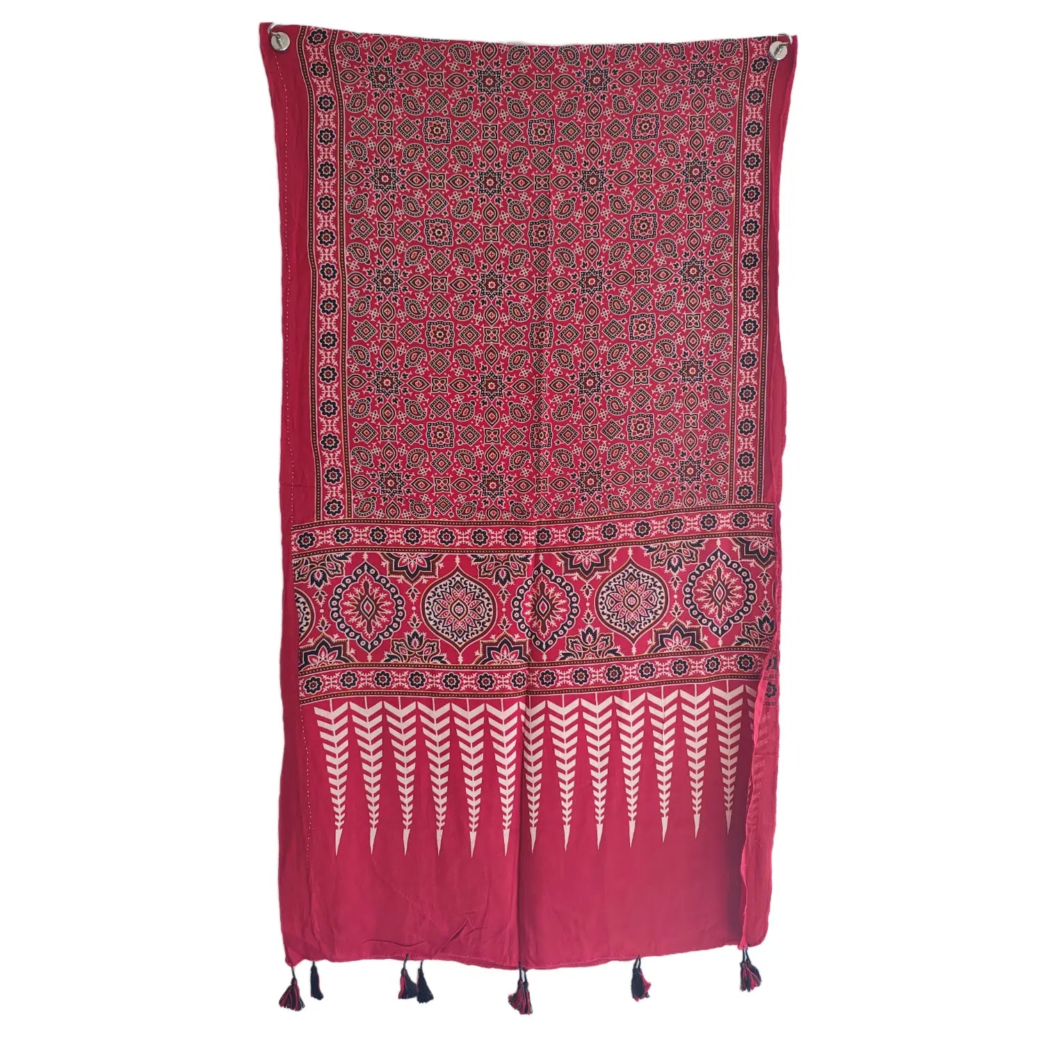 Red Ajrakh cotton stole ISAK16-13A — close-up of geometric Ajrakh block print motifs — Indiascarves