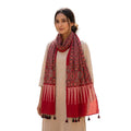 Red Ajrakh printed cotton stole ISAK16-13A — vibrant red with navy cream geometric motifs and tassels — Indiascarves