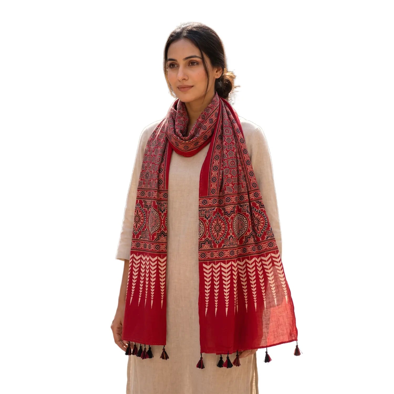 Red Ajrakh printed cotton stole ISAK16-13A — vibrant red with navy cream geometric motifs and tassels — Indiascarves