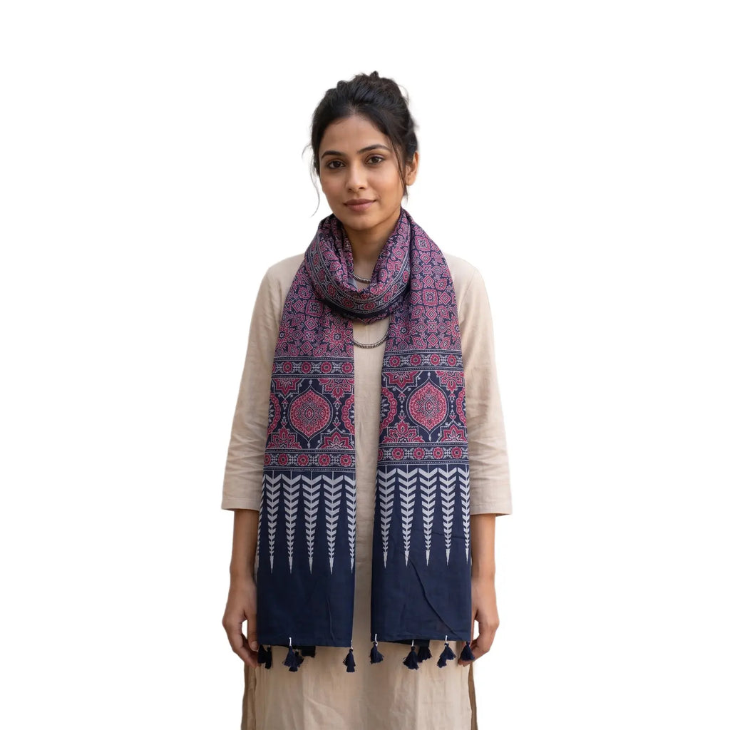 Navy blue Ajrakh printed cotton stole ISAK16-13B — deep indigo with red cream geometric motifs and tassels — Indiascarves