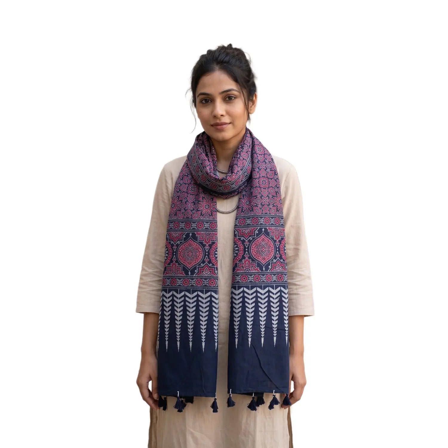 Navy blue Ajrakh printed cotton stole ISAK16-13B — deep indigo with red cream geometric motifs and tassels — Indiascarves