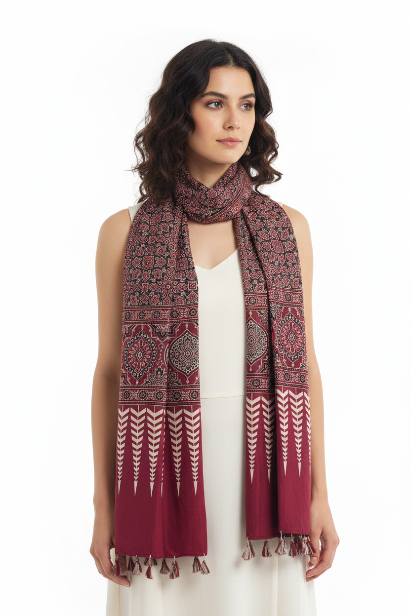 Ajrakh Printed Cotton Stole for Women | Maroon Ethnic Scarf with Tassels | 55x210 cm | Traditional Indian Dupatta