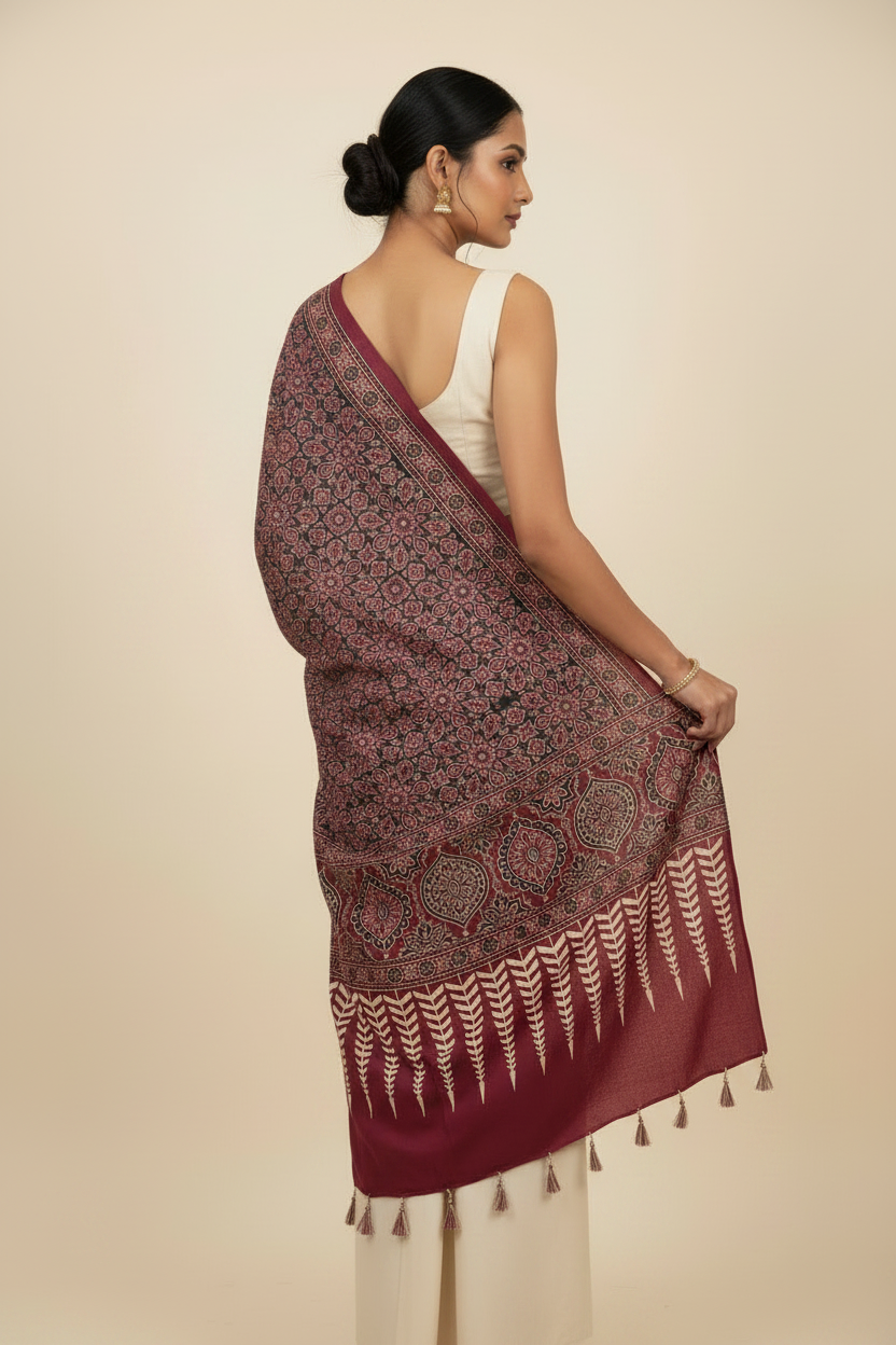 Ajrakh Printed Cotton Stole for Women | Maroon Ethnic Scarf with Tassels | 55x210 cm | Traditional Indian Dupatta