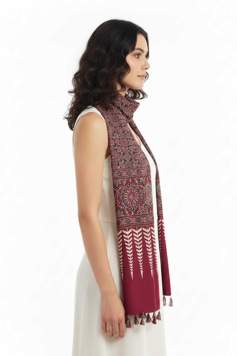 Ajrakh Printed Cotton Stole for Women | Maroon Ethnic Scarf with Tassels | 55x210 cm | Traditional Indian Dupatta