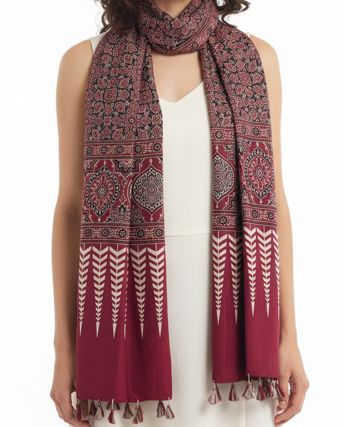 Ajrakh Printed Cotton Stole for Women | Maroon Ethnic Scarf with Tassels | 55x210 cm | Traditional Indian Dupatta
