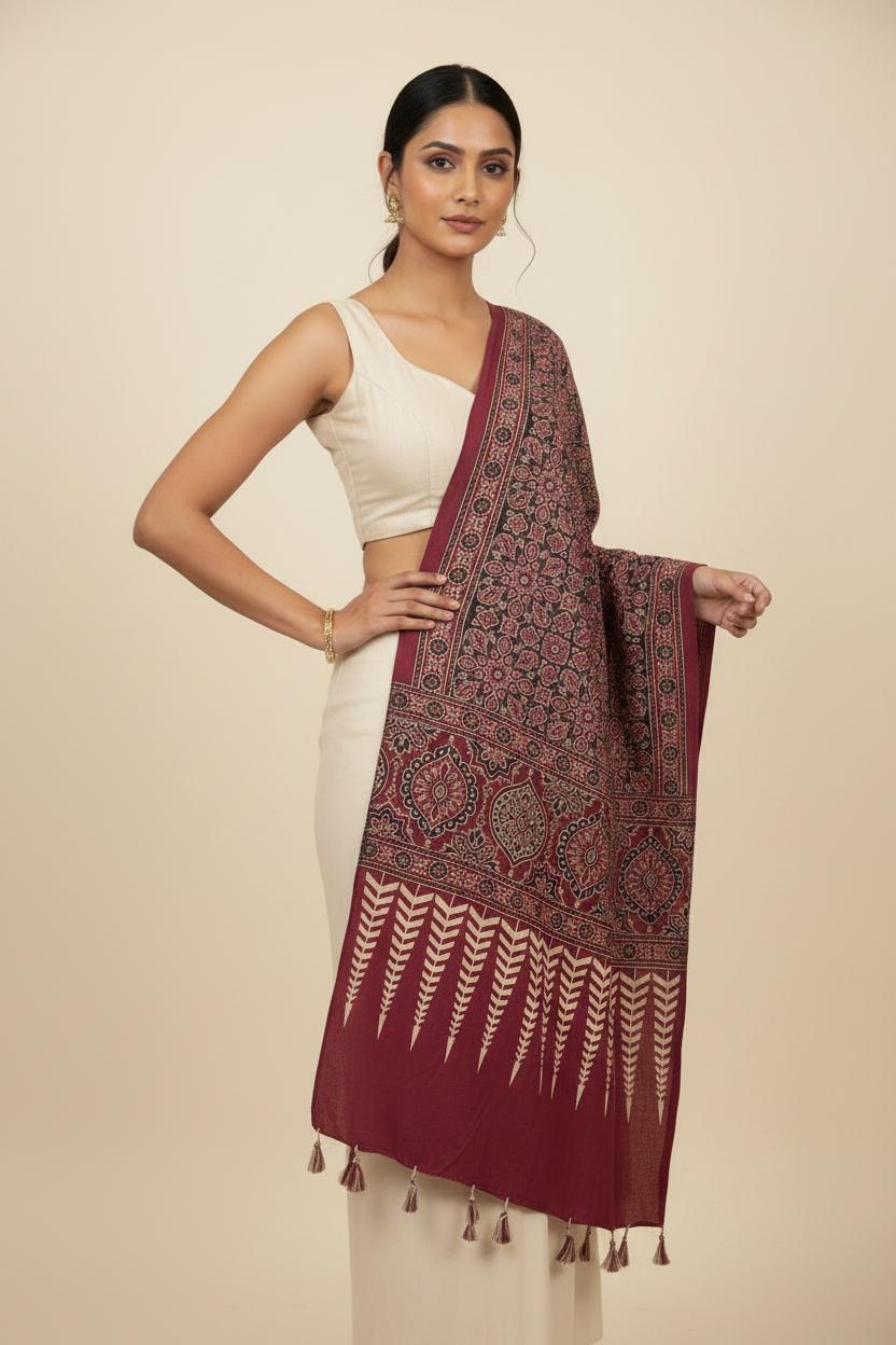 Ajrakh Printed Cotton Stole for Women | Maroon Ethnic Scarf with Tassels | 55x210 cm | Traditional Indian Dupatta