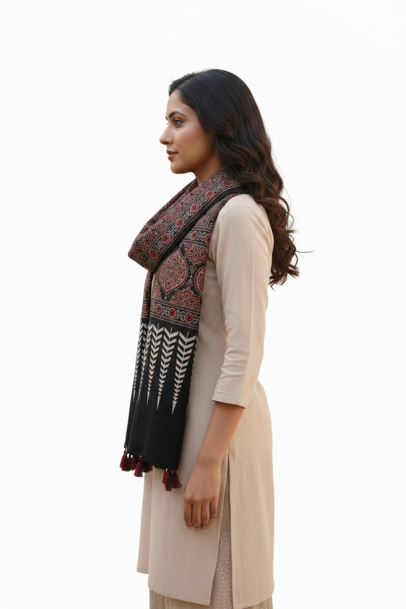 Ajrakh Printed Cotton Stole for Women | Black Ethnic Scarf with Tassels | 55x210 cm | Traditional Indian Dupatta