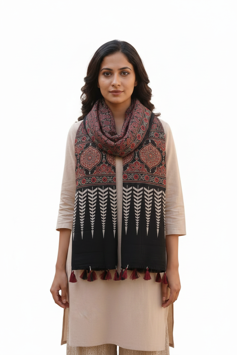 Ajrakh Printed Cotton Stole for Women | Black Ethnic Scarf with Tassels | 55x210 cm | Traditional Indian Dupatta