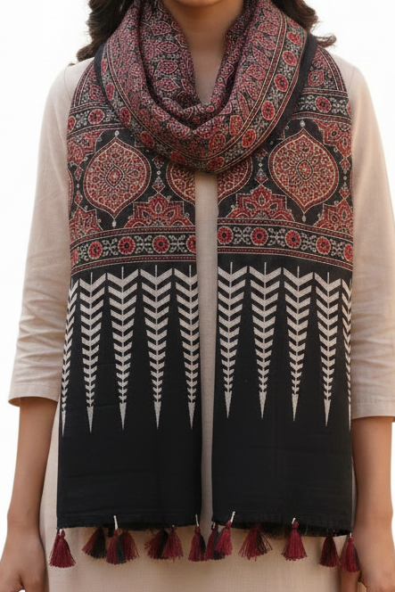 Ajrakh Printed Cotton Stole for Women | Black Ethnic Scarf with Tassels | 55x210 cm | Traditional Indian Dupatta