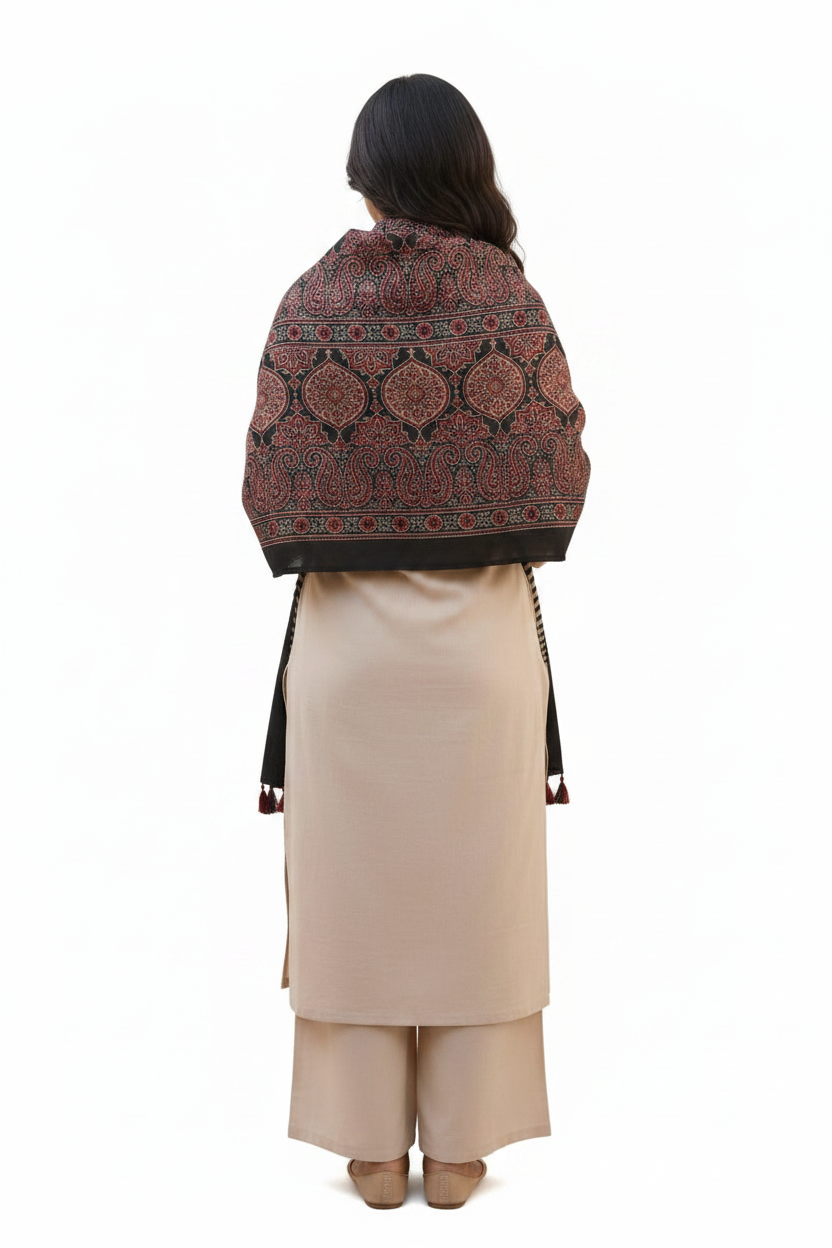 Ajrakh Printed Cotton Stole for Women | Black Ethnic Scarf with Tassels | 55x210 cm | Traditional Indian Dupatta