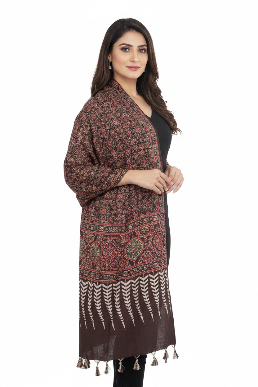 Ajrakh Printed Cotton Stole for Women | Maroon Ethnic Scarf with Tassels | 55x210 cm | Traditional Indian Dupatta