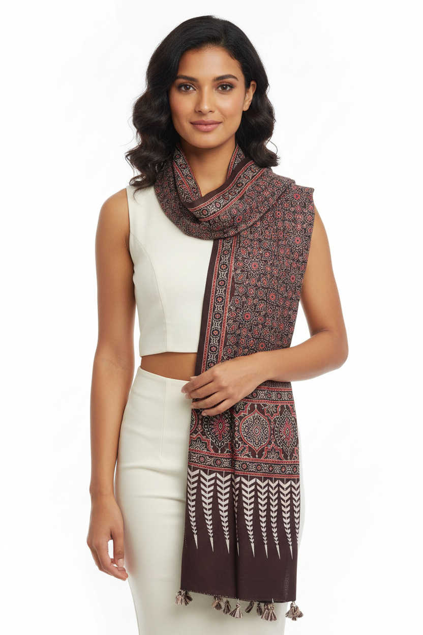 Ajrakh Printed Cotton Stole for Women | Maroon Ethnic Scarf with Tassels | 55x210 cm | Traditional Indian Dupatta