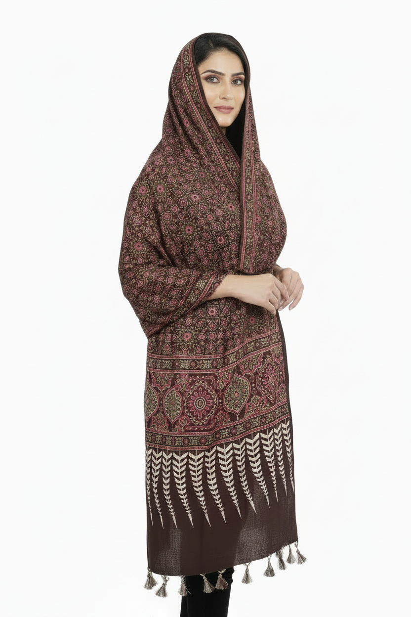 Ajrakh Printed Cotton Stole for Women | Maroon Ethnic Scarf with Tassels | 55x210 cm | Traditional Indian Dupatta