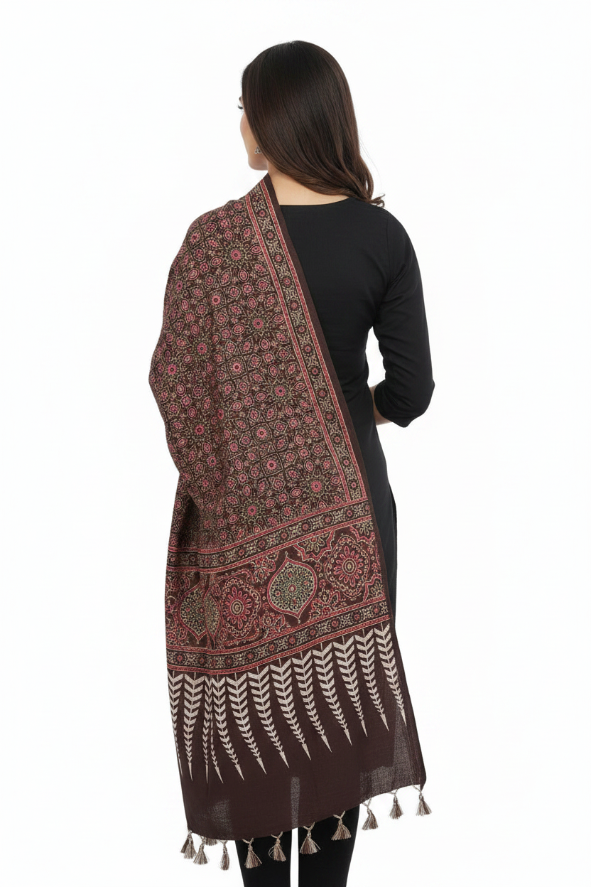 Ajrakh Printed Cotton Stole for Women | Maroon Ethnic Scarf with Tassels | 55x210 cm | Traditional Indian Dupatta