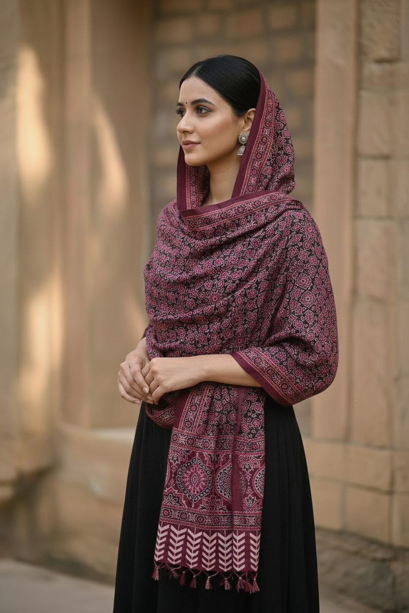 Ajrakh Printed Cotton Stole for Women | Maroon Ethnic Scarf with Tassels | 55x210 cm | Traditional Indian Dupatta