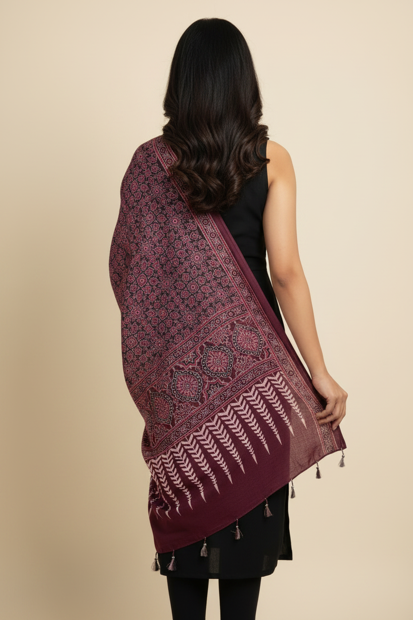 Ajrakh Printed Cotton Stole for Women | Maroon Ethnic Scarf with Tassels | 55x210 cm | Traditional Indian Dupatta